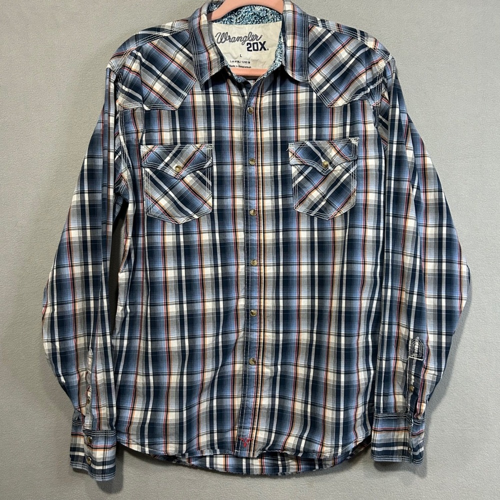 Wrangler Mens Large Western Pearl Snap button Shirt Blue Plaid Cowboy Rodeo